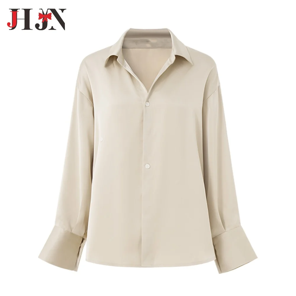 JHJN Smooth Women Models Shirt Simple All Season Turn-Down Collar Tops Long Sleeve Shirts Office Lady Blouse Solid Overshirt