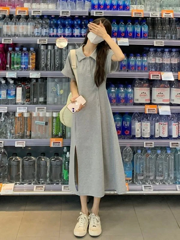 

Hong Kong Style Retro Academy Style Polo Collar Waist Cinched Gray Mid Length Slit Dress Summer T-shirt Long Dress 0ZF1