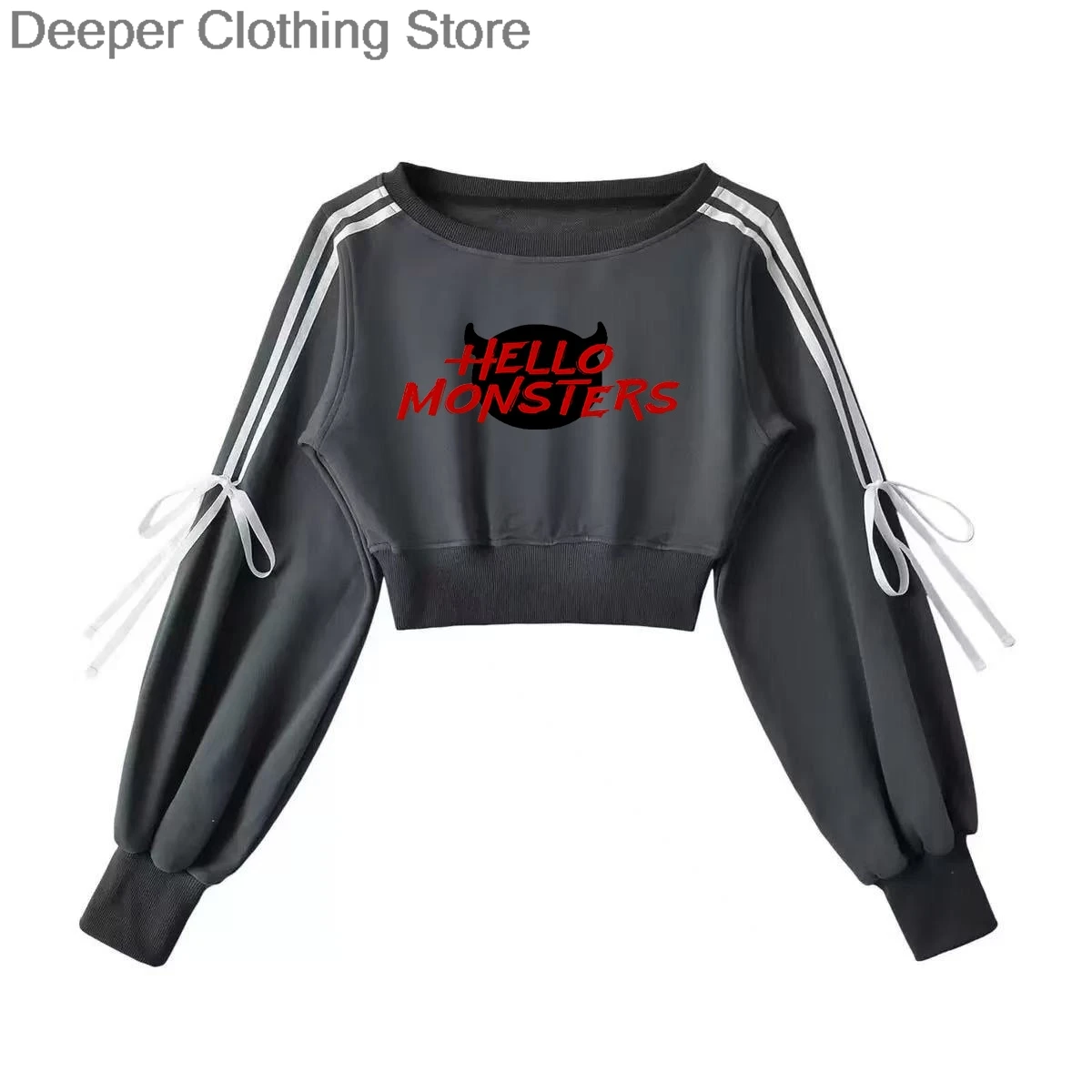 سترة Babymonster HELLO MONSTERS بغطاء للرأس مخططة أمريكية 100% قطن بكتف واحد سترة نسائية للحفلات الموسيقية بنفس النمط ملابس y2k