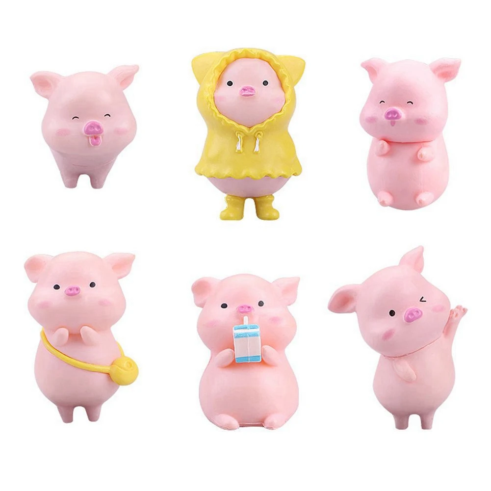 COFA 6 PCS Pink Plastic Cute Pig DIY Crafts Resin Pig Cake Decoration Fairy Garden Decoration Party Decorations