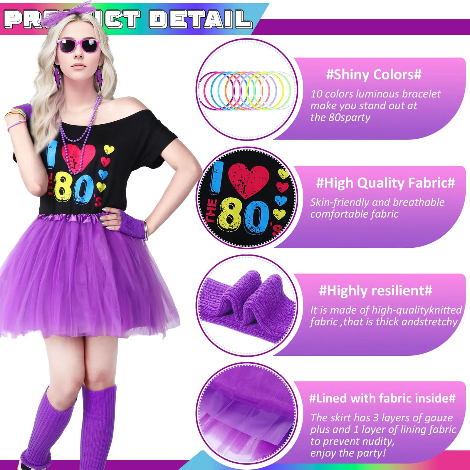 80s Fancy Dress for Women Lips Print T-Shirt Adult Tutu Skirt Lace Headband Neon Earrings Necklace Fishnet Gloves Bracelet