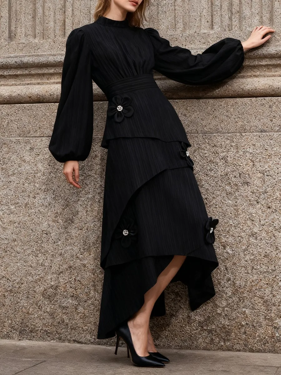 TWOTWINSTYLE فستان أسود ريترو كلاسيكي للنساء الوقوف طوق كم طويل تقسم يزين أنيقة غير النظامية فساتين متوسطة الطول الإناث