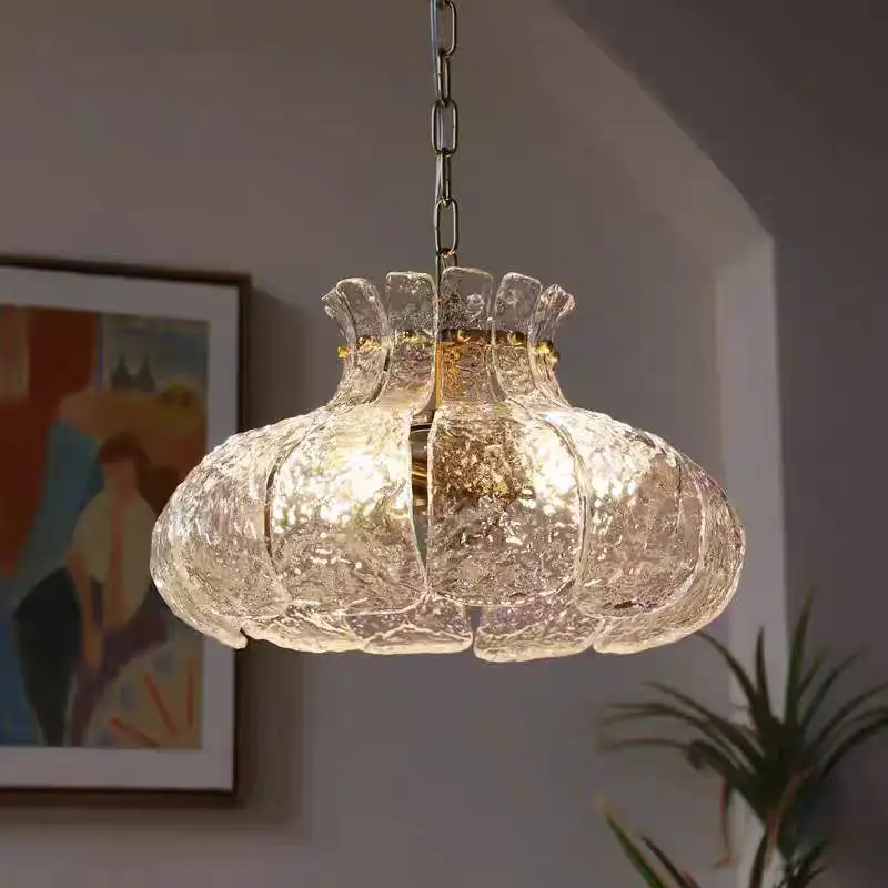 Vintage Ice Melting Glass Flower Pendant Lamp Art Murano Lamp French Dining Room Lamp for Bedroom Medieval Designer Copper Lamp
