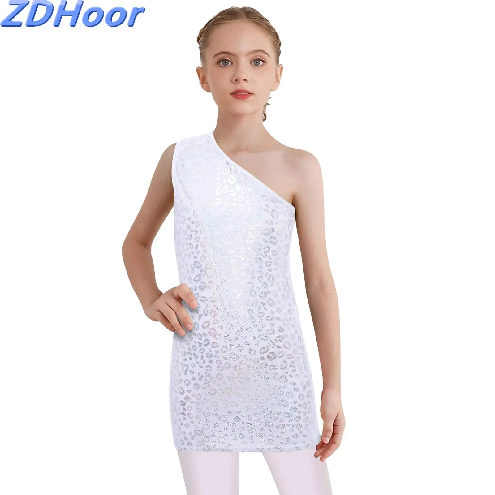 

Kids Girls One Shoulder Jazz Dress Metallic Cheerleading Stage Performance Costume Sleeveless Leopard Dress for Dancing