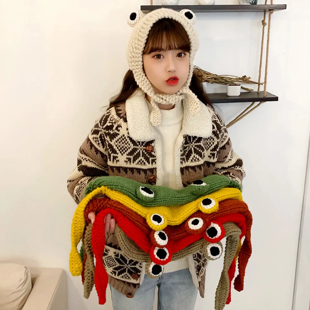 

Women Costume Crochet Knitted Winter Cute Beanie Hats Ear Protective Frog Hat Knitted Caps