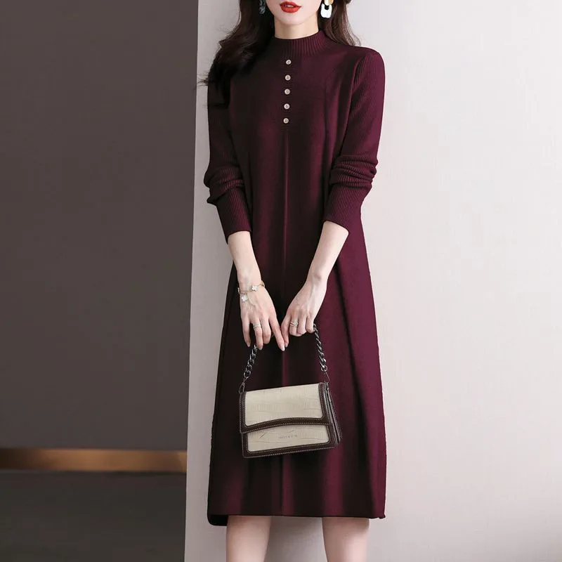 여성용 세미 하이 칼라 니트 스커트, 원피스 보터밍 셔츠, 가을 및 겨울 스웨터 스커트, 2025 신상 기질