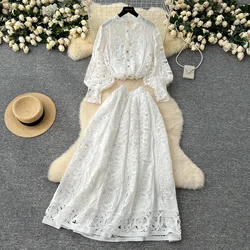 Women Two-Piece Sets Slim Long Lantern Sleeve Hook Flower Hollow Out Lace Top and Basics High Waist Skirt Korean Autumn Clothing