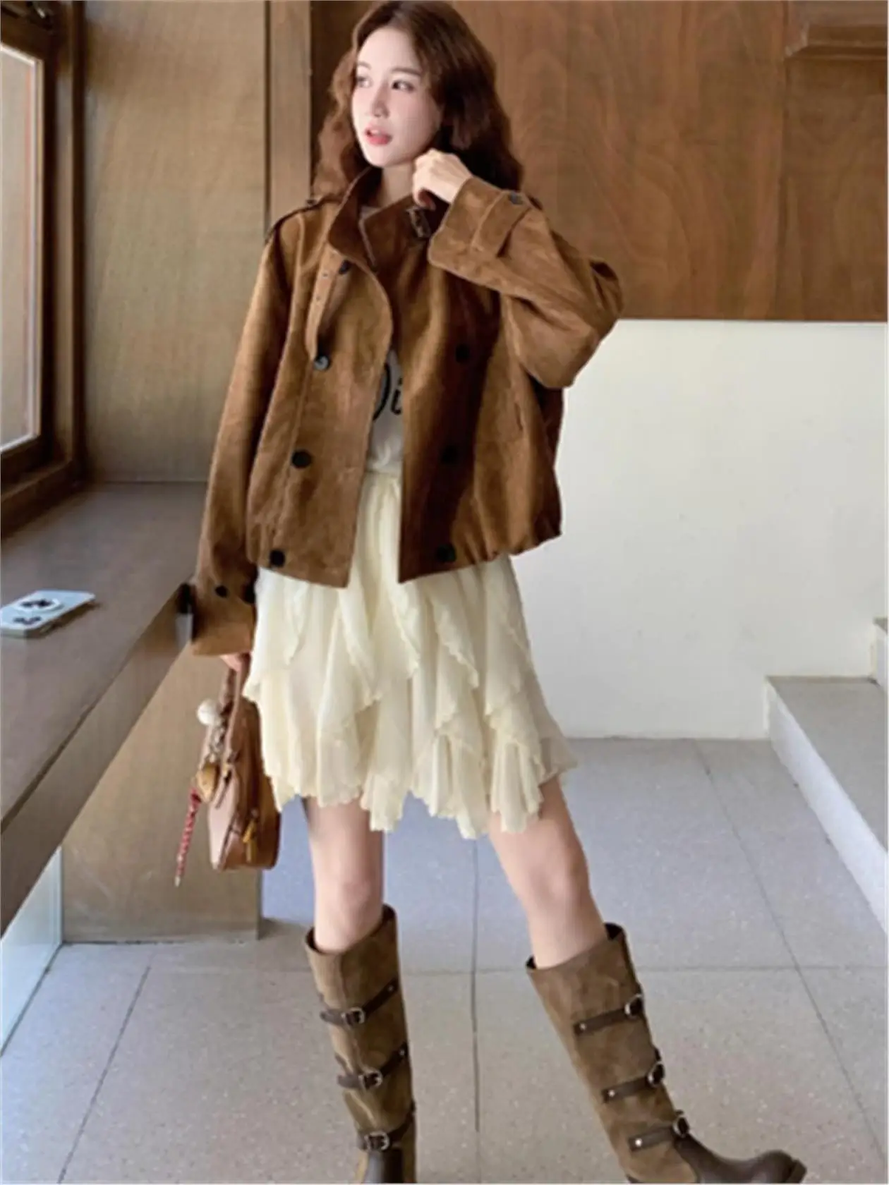 

Faionable Suede ort Jaet Women's Loose Casual Design Stand Collar Double Button Autumn New Sle Korean Version Ladies'...
