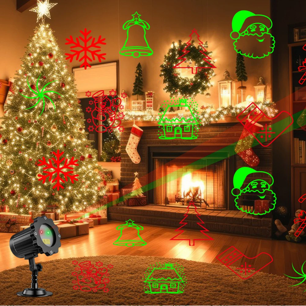 

Christmas Outdoor Projetor Light 10 Patterns Stars Bell Santa Claus Tree Moving Red Green Remote Party Holiday Lamp for House