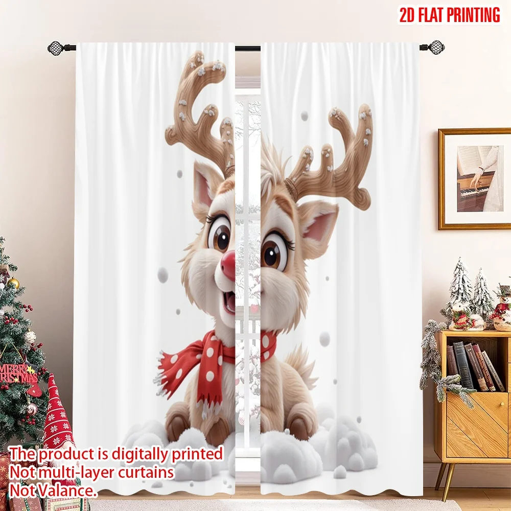 

2pcs 2D flat printing Christmas Window Drapes Cute Reindeer Snow Winter Holiday Polyester Without Electricity 0 Perfect for