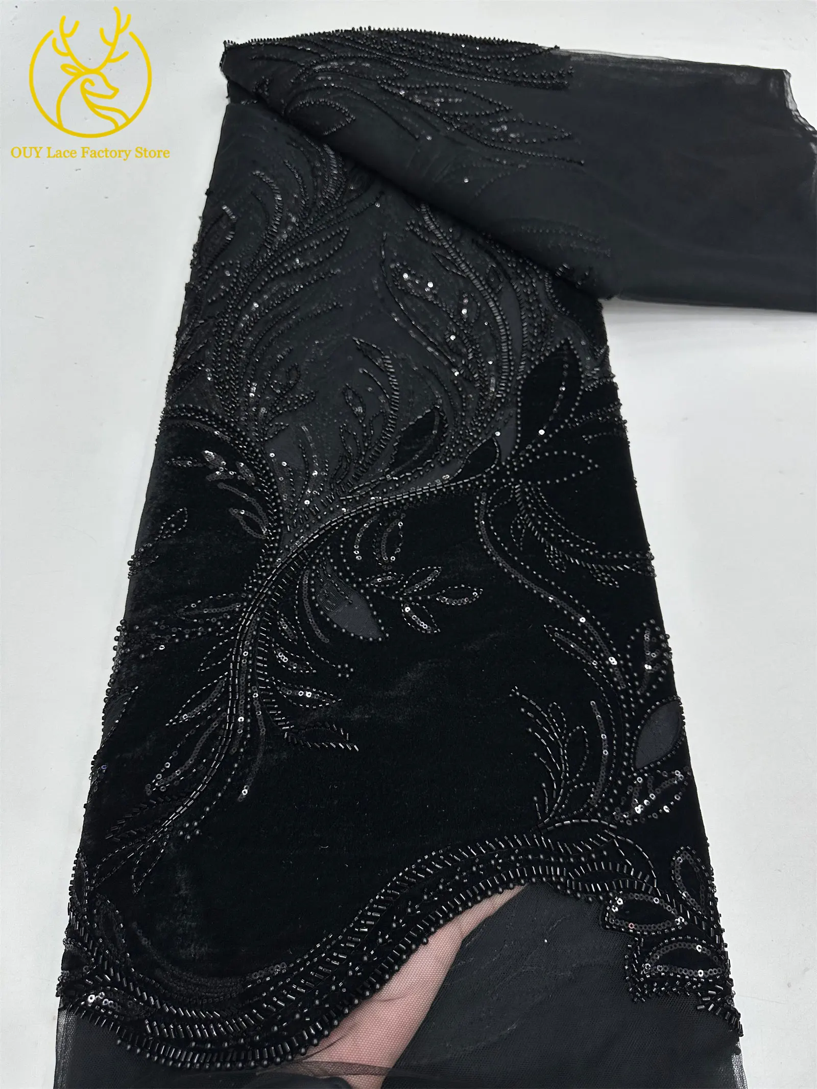 Neuer Stil Afrikanischer Samt-Stickerei-Spitzenstoff, grüner französischer nigerianischer Pailletten-Tüll-Spitzenstoff zum Nähen von Partykleidern – Detail 23