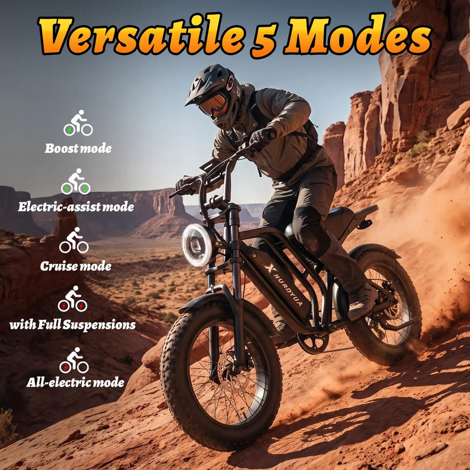XHURDYUA Electric Bike for Adults 1500W Peak 20"x4" All-Terrain Fat Tire Dirt E-Bike | 48V 15Ah Removable Battery, Dual Suspension, 7-Speed Commuter Bicycle with LED Display, UL 2849 Certified image 5
