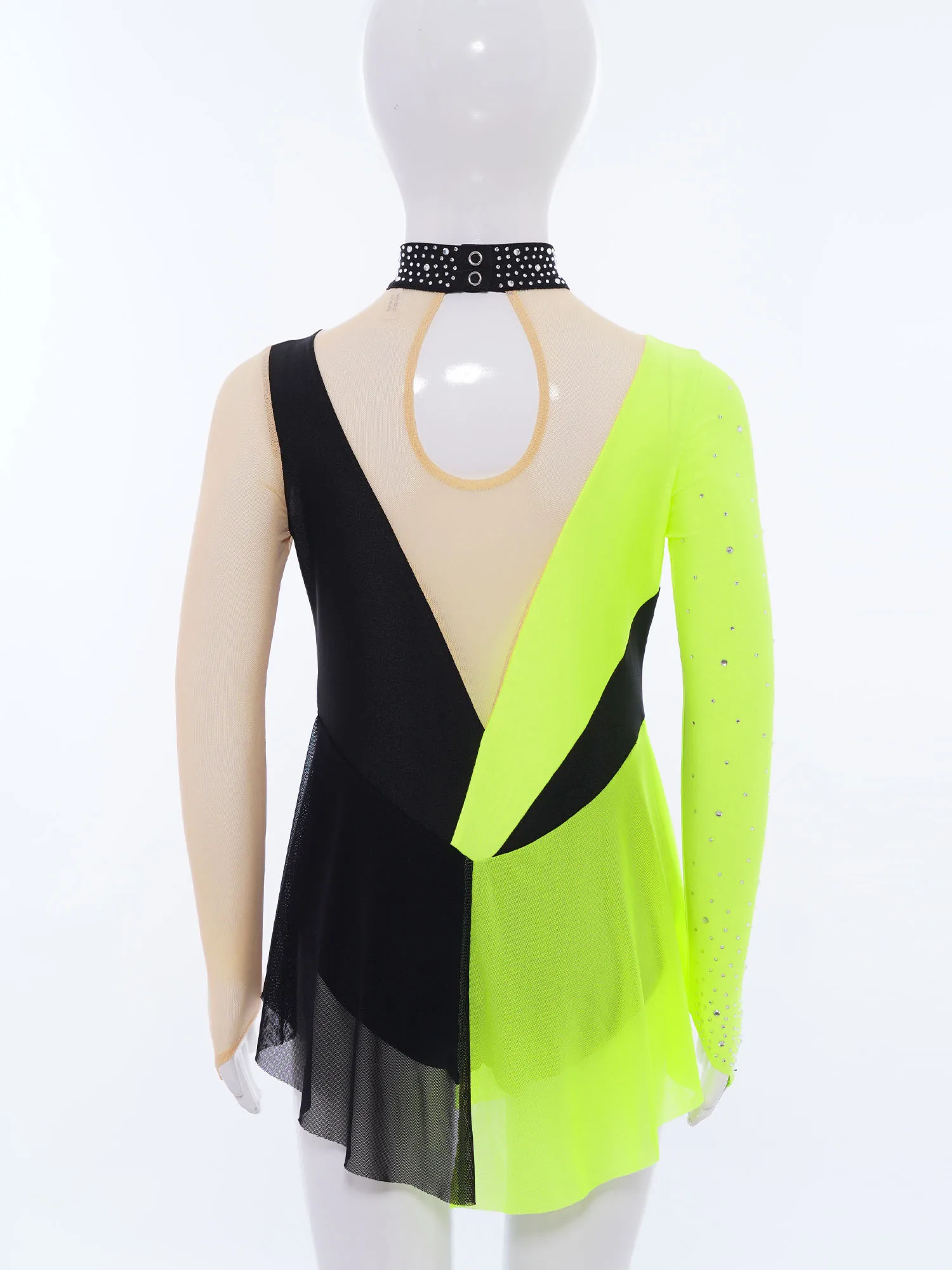 Kids Girls Figure Skating Dress Long Sleeve Rhinestone Sheer Mesh Gymnastics Bodysuit Lyrical Dance Ballet Acrobatics Leotard