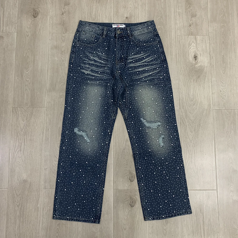 Vintage glanzende strass gewassen gat noodlijdende baggy jeans broek voor mannen rechte casual losse gescheurde denim broek