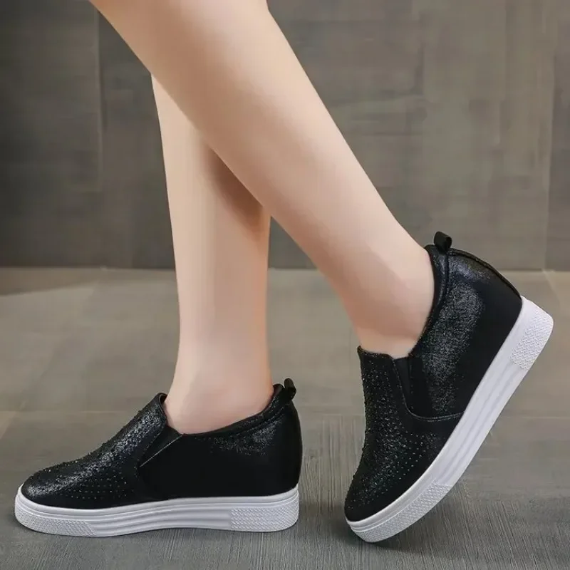 Women\'s Sneakers Hollow Rhinestone Platform Wedge 2023 Spring Fall Hidden Heel Breathable Fashion Shoes Casual Simple Plus Size