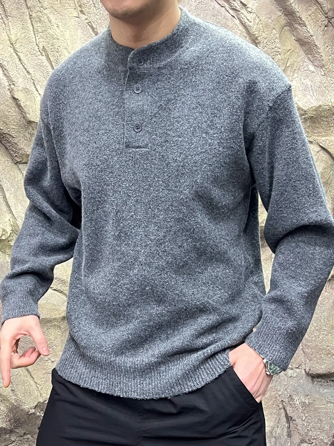 

Classic Men's Pure Color Knitwear Henry Collar Wool Blend Casual Sle Autumn Winter Faion Versatile Comfortable Loose Fit