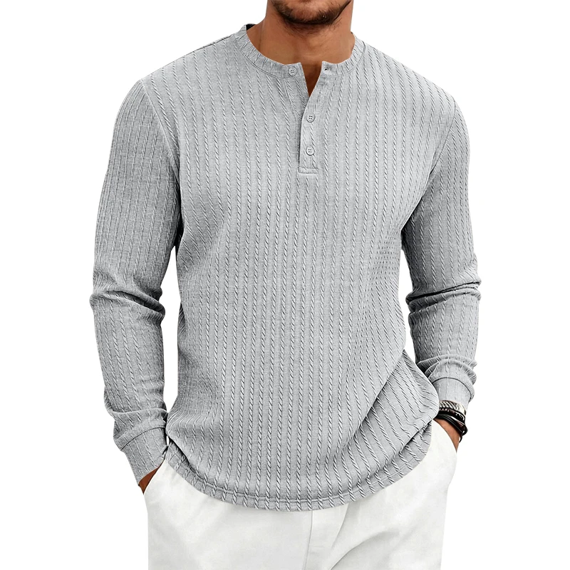 Pull Henley à manches longues pour homme, style américain, en jacquard épais à côtes verticales, décontracté pour le quotidien et les trajets