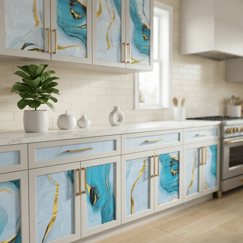 Light Blue White Gold Vein Marble Peel and Stick Wallpaper, Removable Self‑Adhesive Film for Countertop Cabinet Furniture