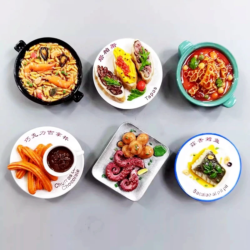 Tapas de arroz y mariscos de cocina española, imanes de nevera 3D pintados a mano, recuerdos de turismo, pegatinas magnéticas para refrigerador, regalo