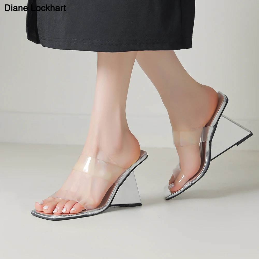 

Women's PVC high-heeled slippers transparent fashion Triangular heel Slides 2025 Summer new Female Sandals Gold Silver Heels