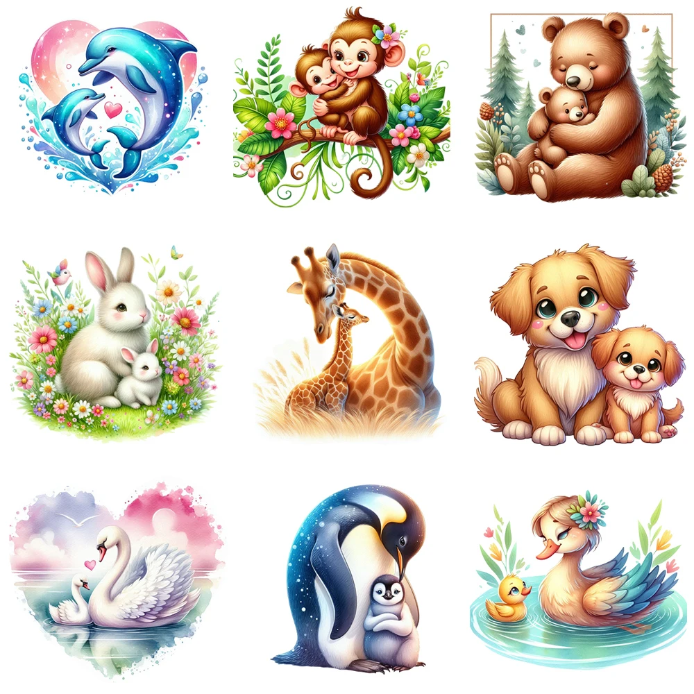 15cm Happy Mothers Day Mommy And Her Baby Animal Diy DTF Heat Transfer Sticker T-shirt Clothes Decals Iron On Transfer Stickers