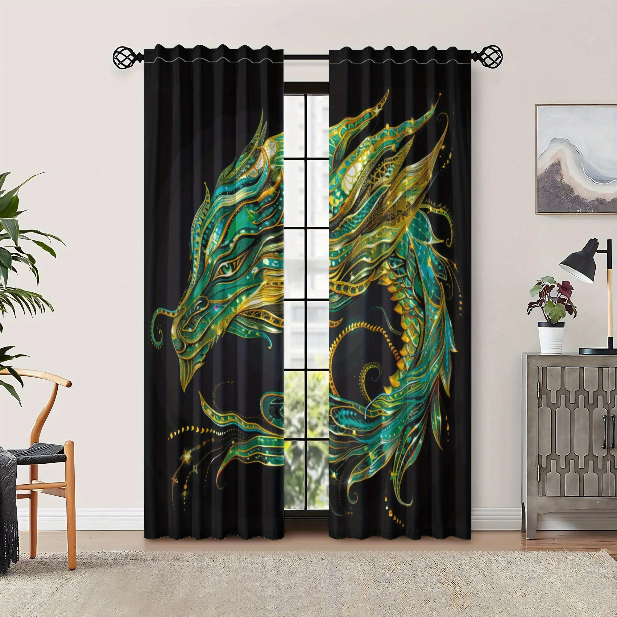 2pcs Dragon Curtains - Light Blocking Window Drapes with Teal & Golden Dragon Design, Machine Washable  Polyester