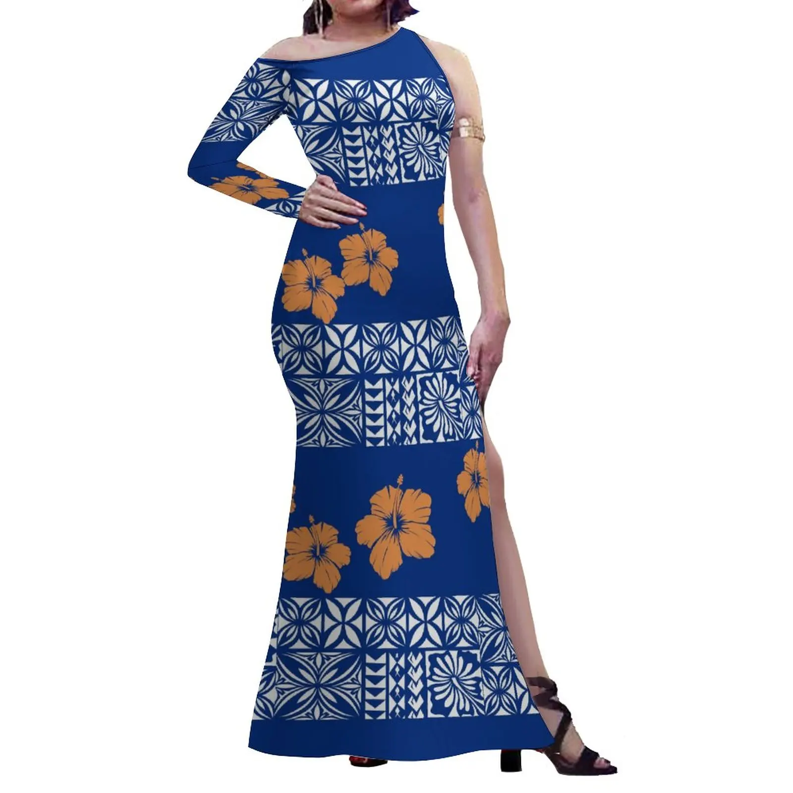 Blue Hibiscus Half Shoulder Dress Big People Formal Occasions Sustainable Polynesian Tribe Pacific Island Art Slit Dress