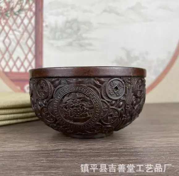 Antique Alloy Gold Embossed Dragon Bowl, Home Decor, Foyer Decoração