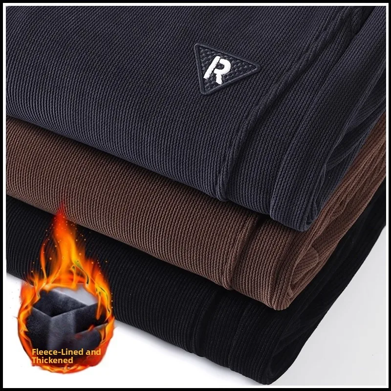 

Men's Casual Thiened Fce Lined Corduroy Pants Loose Fit Warm Trousers Autumn Winter Cuffed Sweatpants Trendy Korean Sle