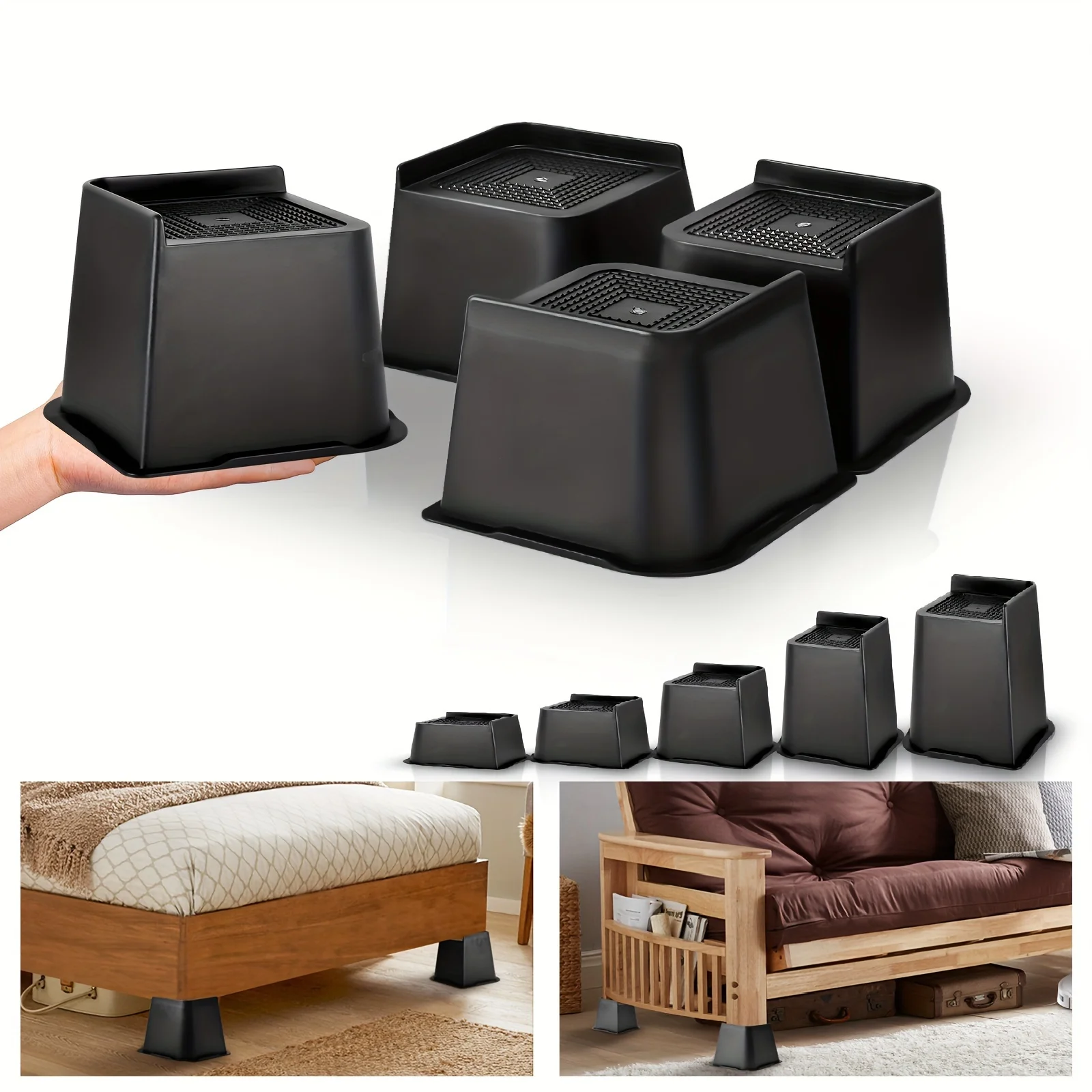 

4pcs Bed Risers 4 Inch Heavy Duty, Risers With Durable Plastic, Bed Lifts Risers Support Up To 6,000 LBS For Sofa, Bed Frame,