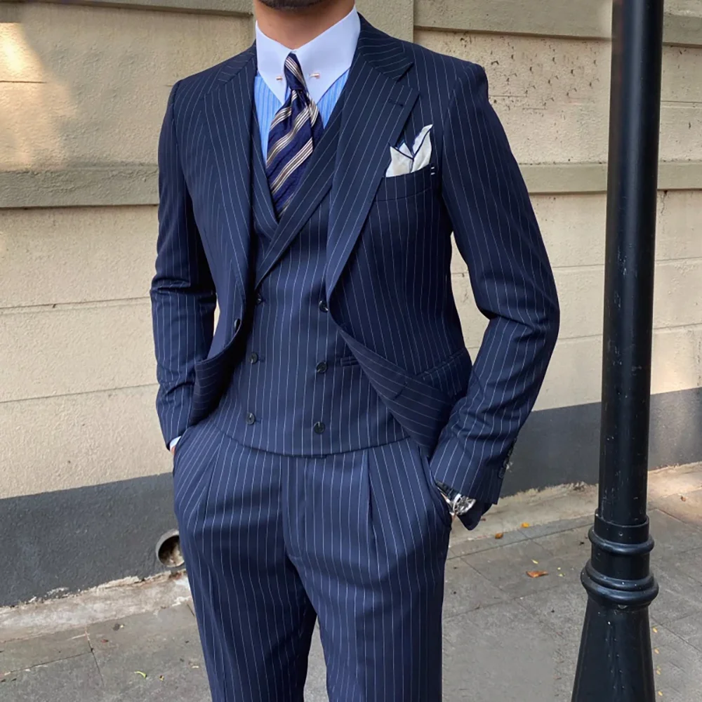 

Dark Blue Striped Men Suits Slim Fit 3 Pieces Chic Single Breasted Notch Lapel Elegant Groom Jacket Pants Vest Bespoke Male Sets
