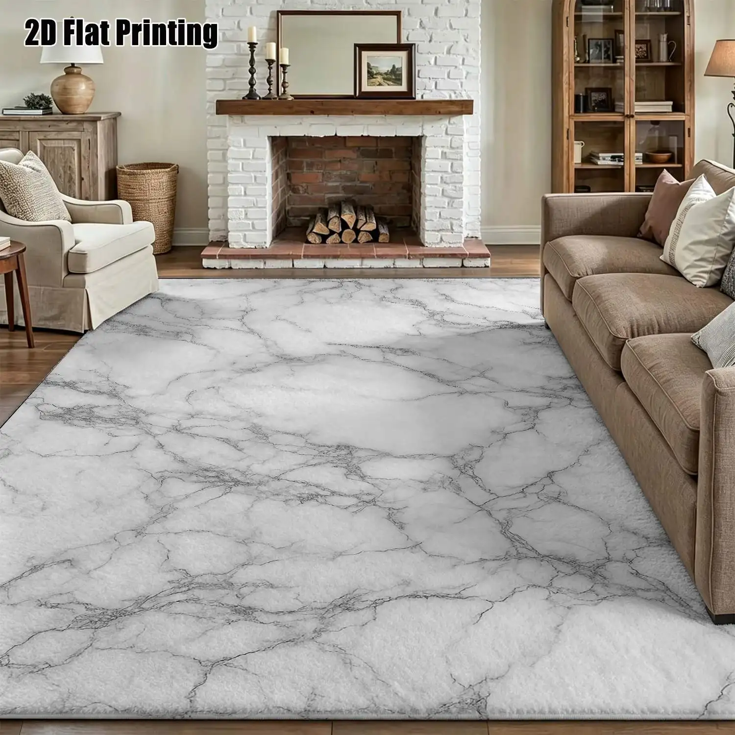 1Pc 2D Printed Gray-White Marble Texture Carpet: Nordic, Modern Minimalist, European Style, Geometric Pattern, Home Decor Rug, Multi-Size, Machine Washable Suitable for Entrance, Dining Room, Foyer, Bedroom, Living Room.