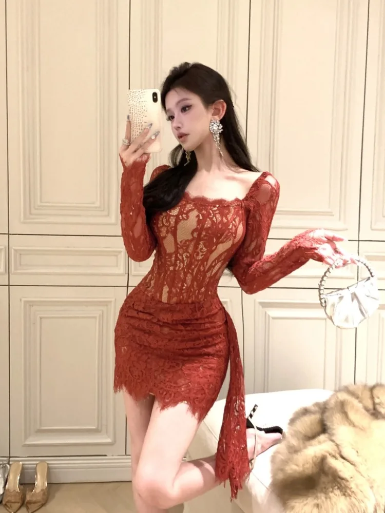 Rouge dentelle épissure longue Sve femmes Dr taille haute ort jupe ajustement serré moulante col carré automne Faion décontracté Dr