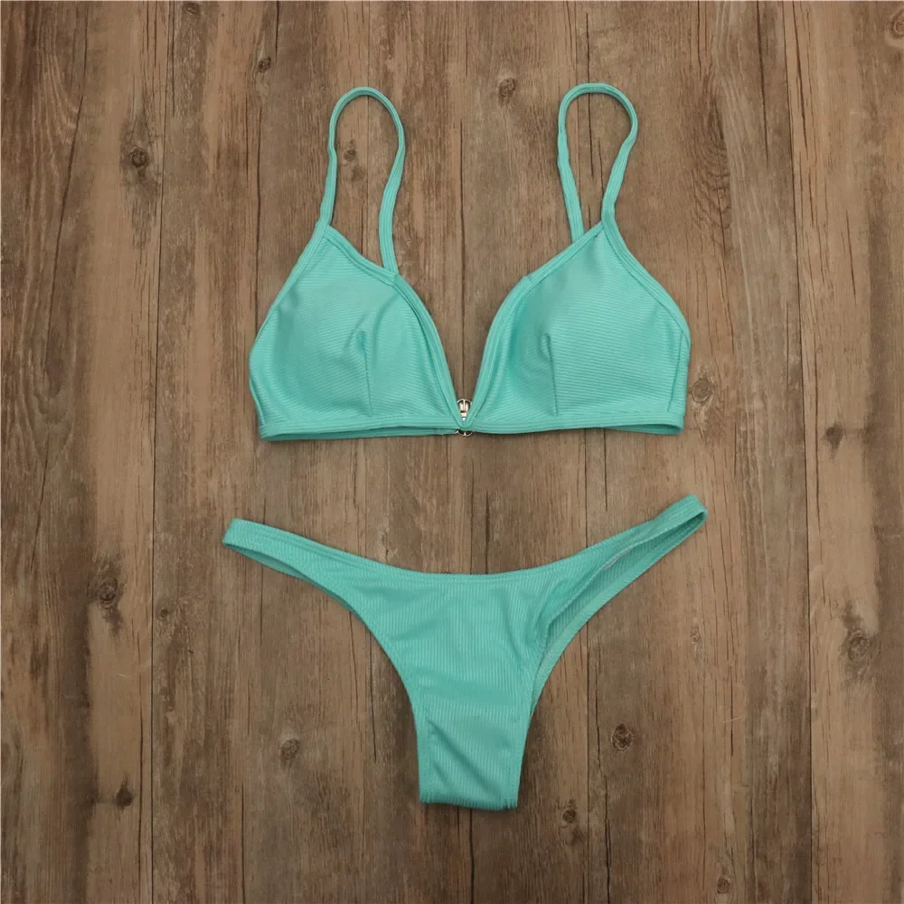 Sexy Blue Green Bikini 2025 Thong Swimsuit Women Push Up Swimwear Strapped BeachWear Solid High Cut Bikini Set Bathing Suit Swim