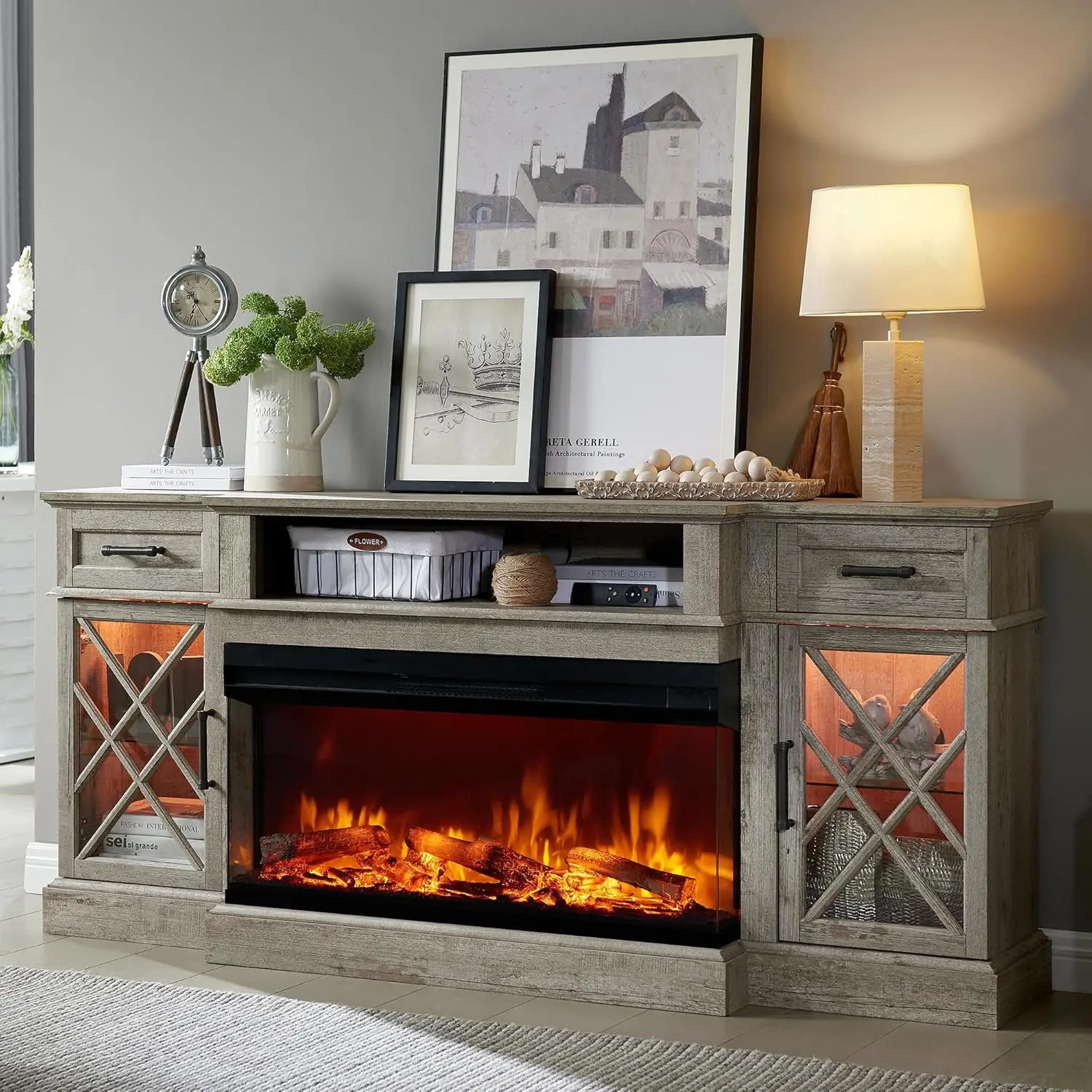 70 Inch Farmhouse Fireplace TV Stand with 36” Electric Fireplace Insert LED Flame Heater Remote Control Storage Cabinet