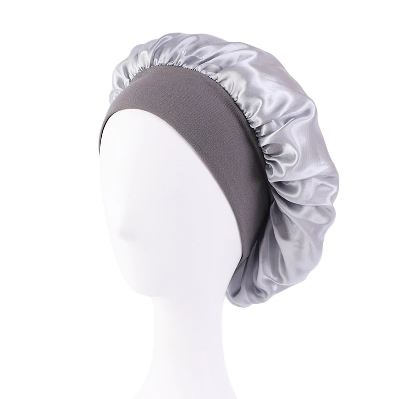Dames Satijn Effen Mutsen Breedgerande Nachtrust Badmuts Unisex Hoofdwikkel Elastische Band Cap Haarverzorging Motorkap
