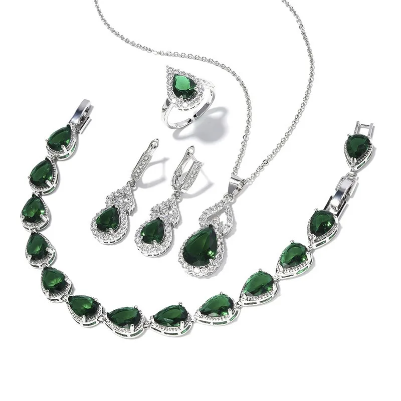 

Long 4Pcs Zirconia Drop Earrings Necklace Bracelet Ring Set Fashion Elegant Jewelry for Women Party Gift