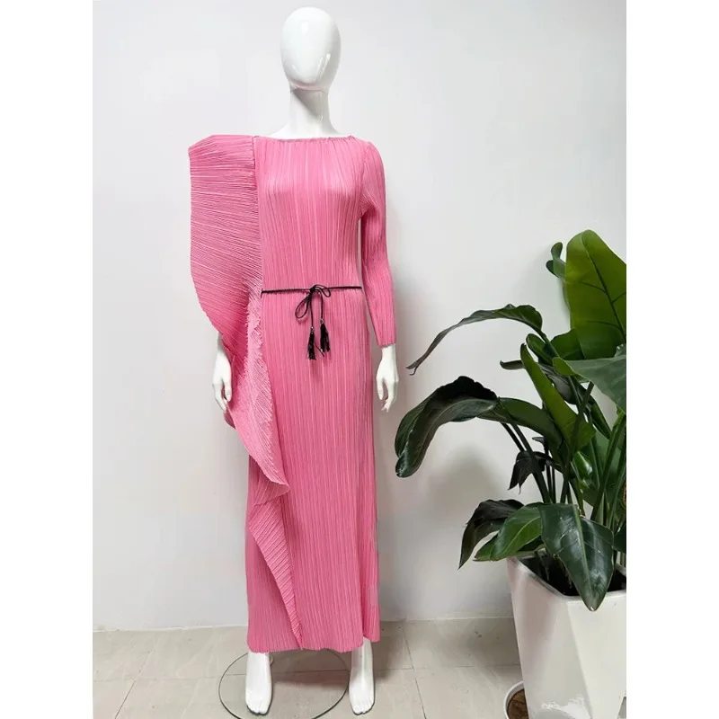 

Miyake Pleated Fall Women Elegant Evening Party Dress Lapel Long Sleeve Patchwork Vintage Design Loose Large Size Party Dresses