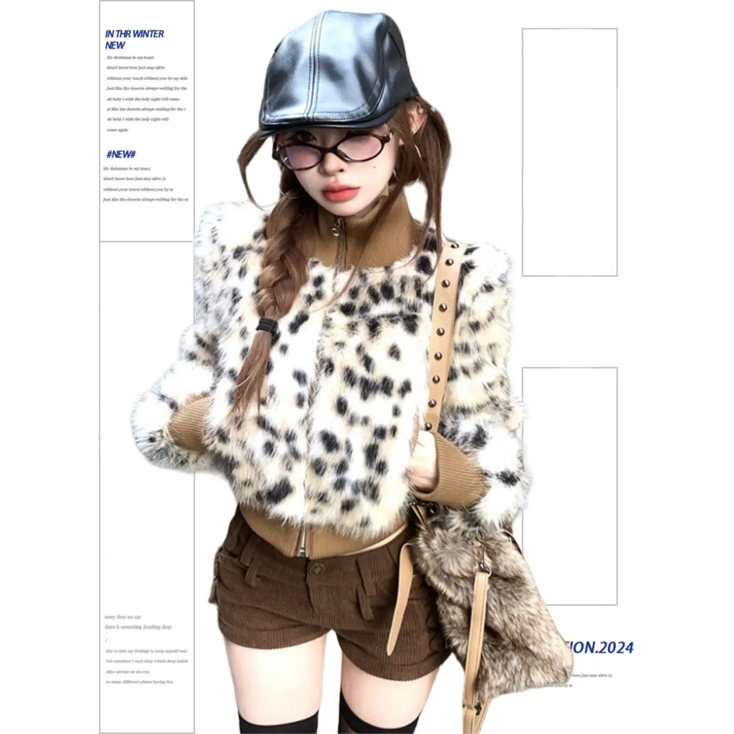 여성용 레오파드 프린트 패치워크 숏 봄버 재킷 두꺼운 폭스 퍼 대비 색상 스탠드 칼라 코튼 코트 지퍼 카디건 탑스