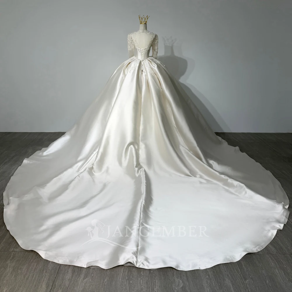 Long Sleeve Princess Wedding Dress Flash Deals Satin Ball Gown Ball Dress Cathedral Train Bride Dress Customized robe de mariée