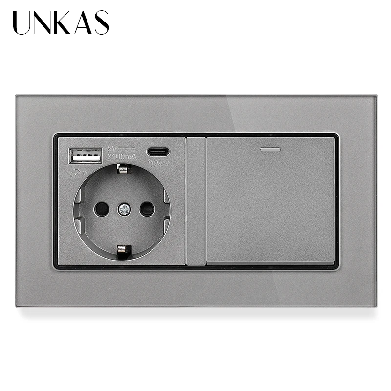 الأبيض نوع C جدار منفذ USB الاتحاد الأوروبي القياسية 16A المقبس 1 2 3 4 عصابة 1 / 2 طريقة تشغيل / إيقاف زر الزجاج المقسى لوحة المخرج #2