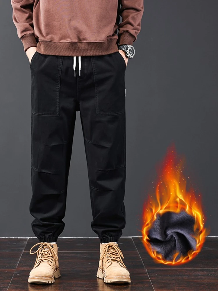 الشتاء الصوف مدبب Sweatpants الرجال 100% القطن سراويل تقليدية المألوف الدافئة جيوب سميكة البضائع المخملية بنطلون #6