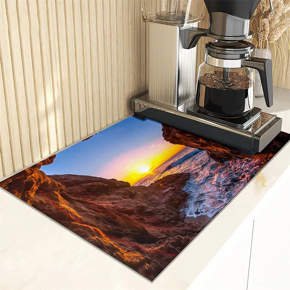 Coastal Cave Print Dish Drying Mat Super Absorbent Kitchen Counter Drain Pad Tableware Cup Bottle Sink Waterproof Non-slip Mats