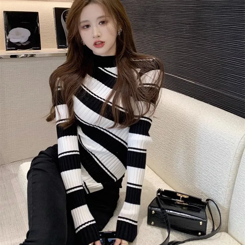 Lucyever Black White Striped Knitted Sweaters Female Fashion Irregular Long Sleeve Jumpers Women Korean Slim Fit Knit Pullovers