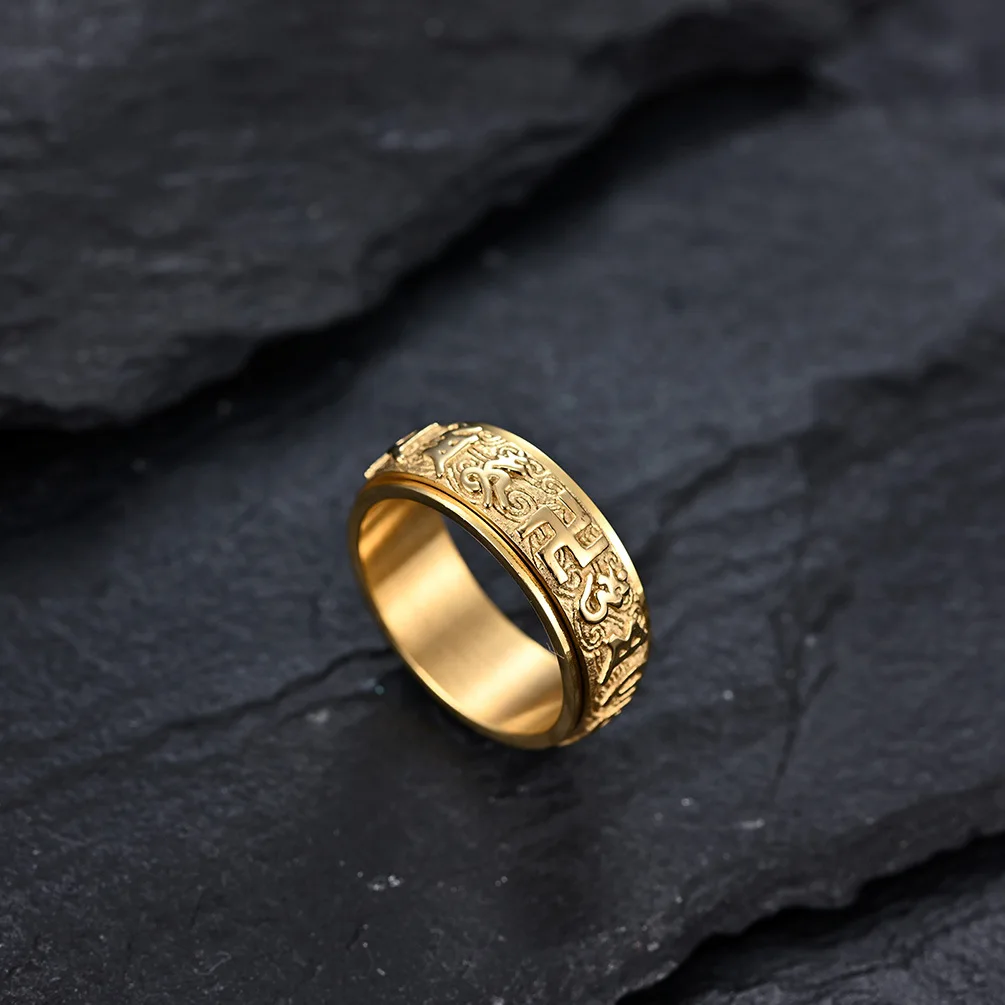 Good Luck Mantra Tibetan Prayer Chinese Element Taoist Rings Titanium Steel Men Rings Rotatable Chinese Characters Jewelry