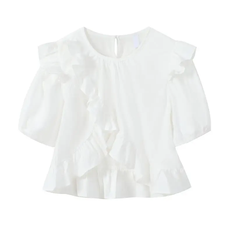 Cute Girls Korean Style Ruffle Blouse Peter Pan Collar Loose Fit Top with Puff Sleeves Ethereal Kids Fashion Casual Shirt​ - view 2