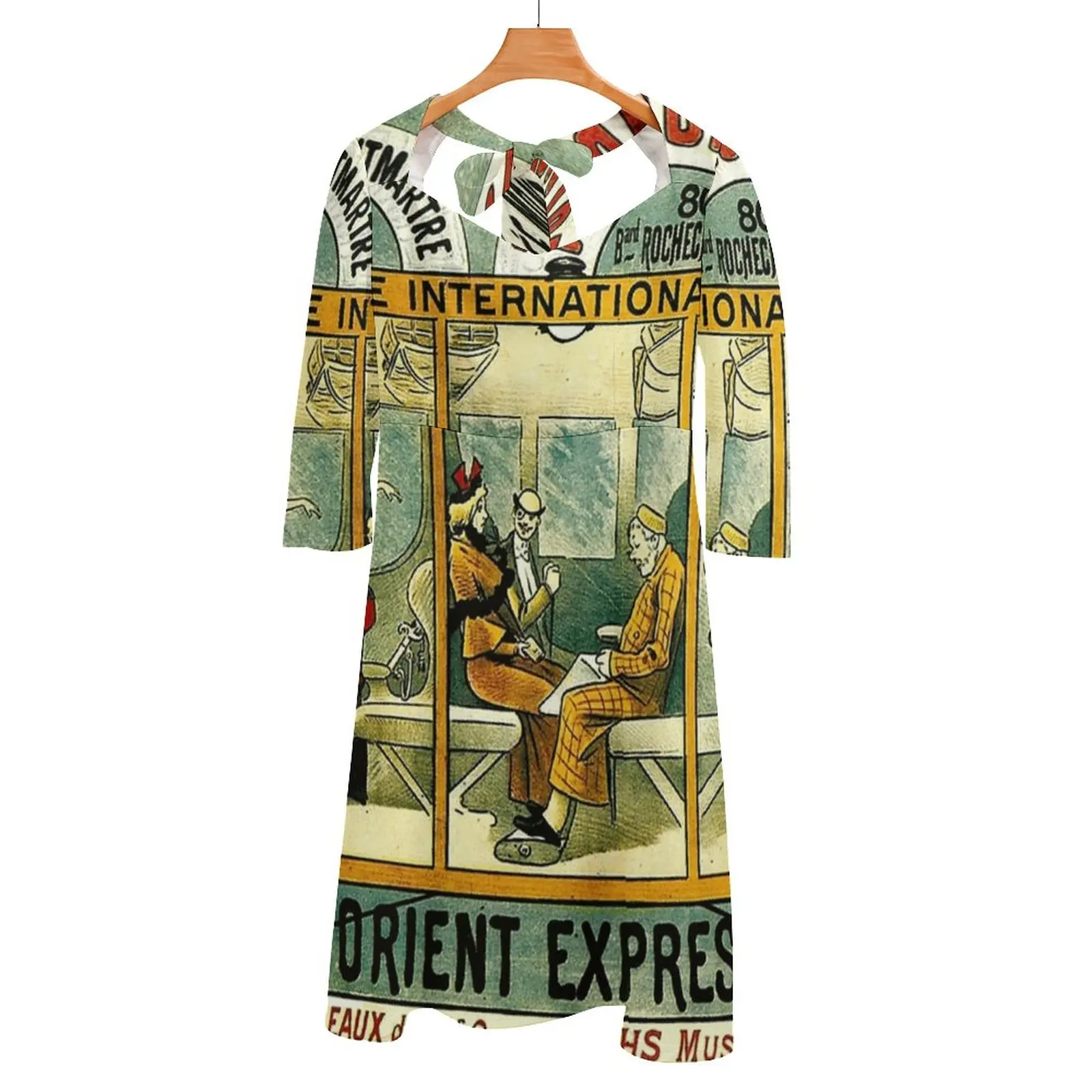 Express : Vintage Railway Line Advertising Print Back Lacing Backless Dress Square Neck Dress Sweet Elegant Dress Express