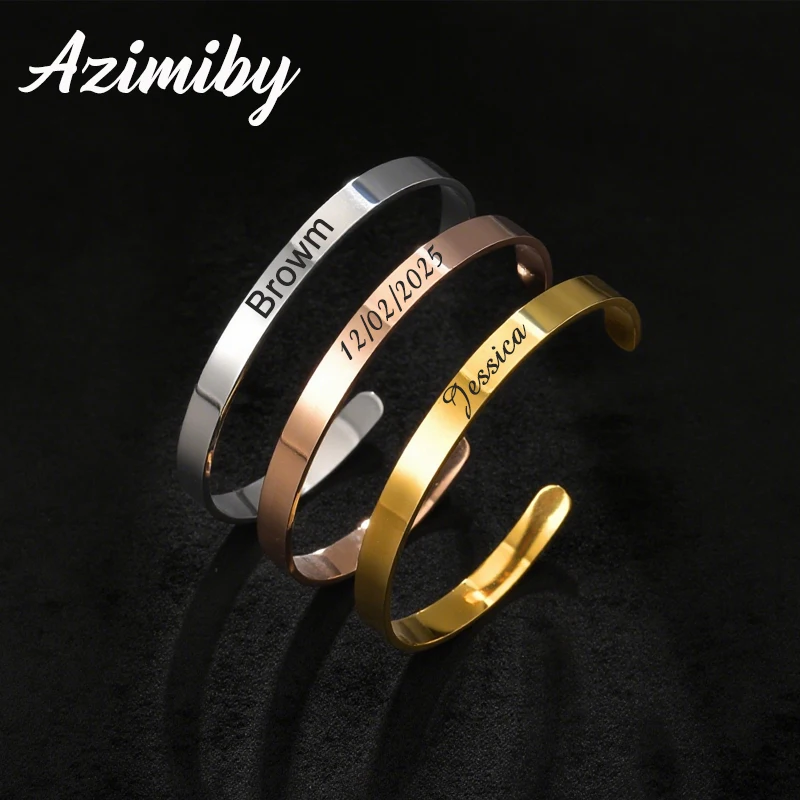 

Azimiby Minimalist Style Engrave Name Date Smooth Open Bracelet Stainless Steel Carved Letter Bracelets Women Men Jewelry Gift
