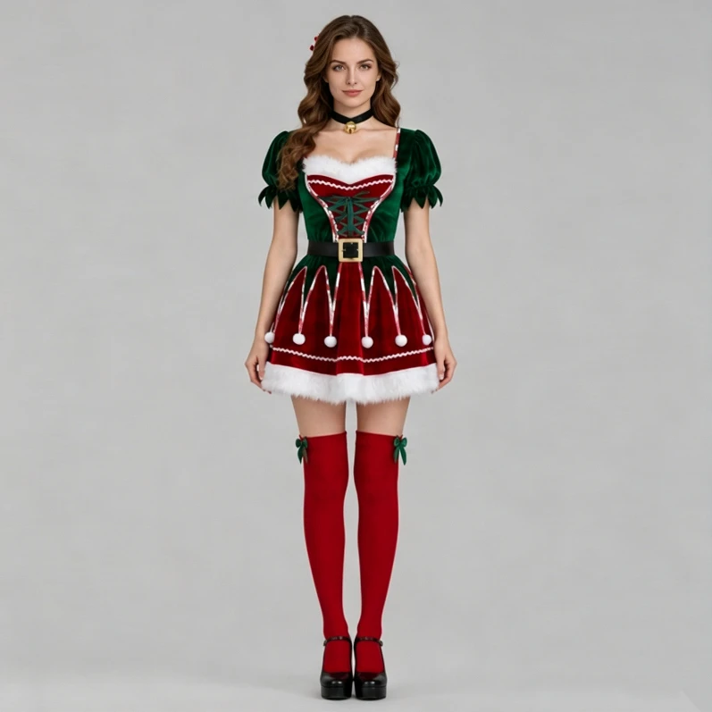 Modisches Damen-Weihnachts-Elfen-Cosplay-Kleid mit Puffärmeln und Kontrastrock mit weißem Fellrand, Weihnachtsthema, Weihnachtsmann-Partykostüm – Detail 4