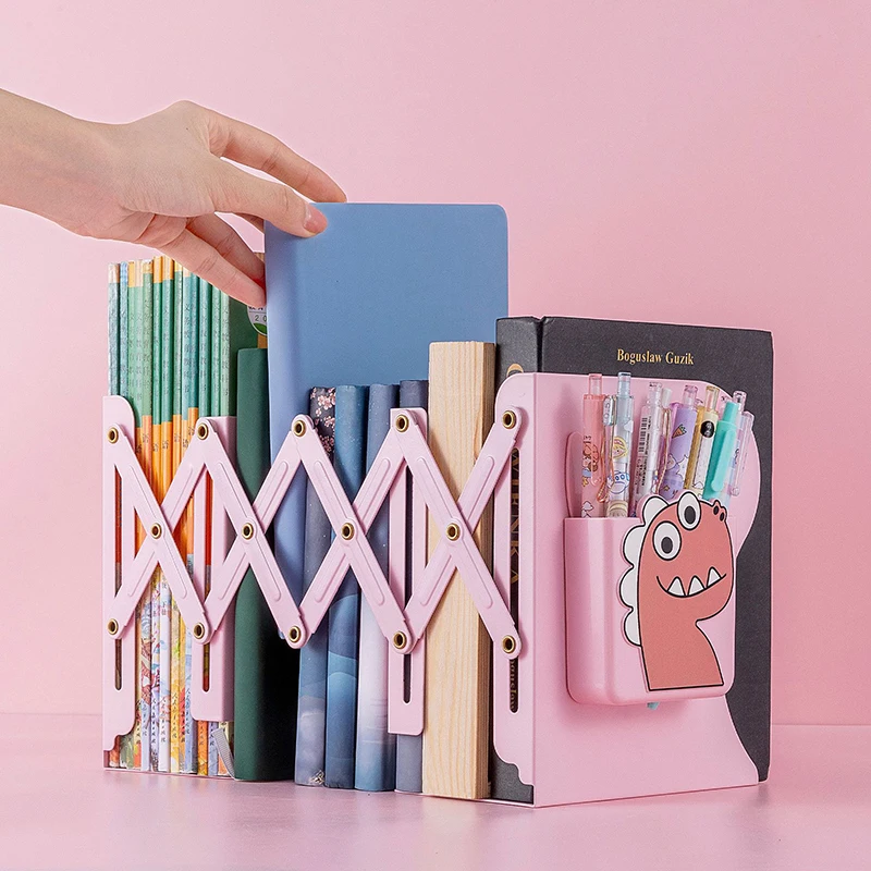 

Adjustable Metal Bookends Desk Book Storage Stretch Book Holder With Pen Holder Office Supplies For Desktop Organization